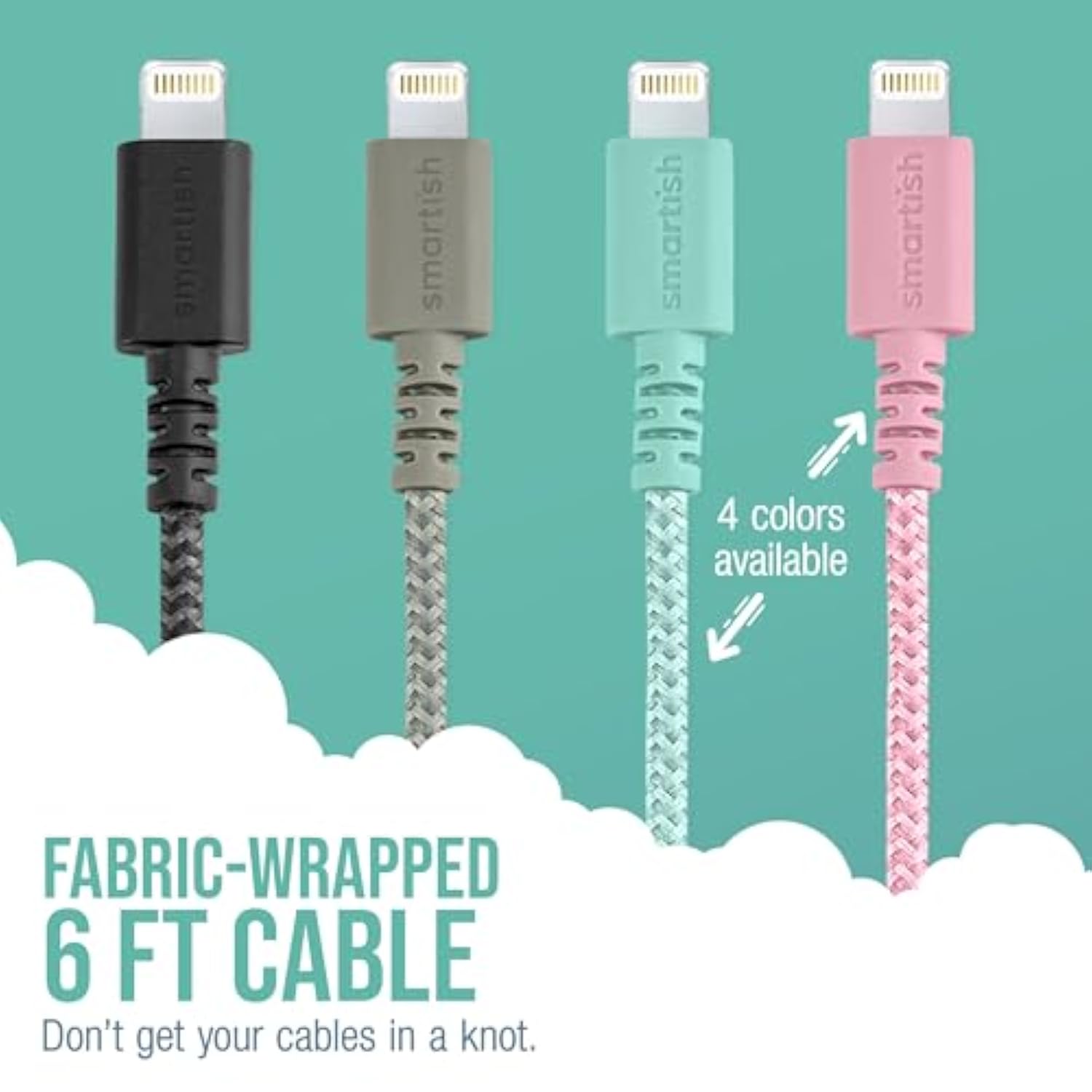 Lightning Fast Charging Cable - Crown Joule [Durable Nylon Fabric Cord] Mfi Certified For Ipad, Airpods, Iphone - Teal Me More - 6Ft