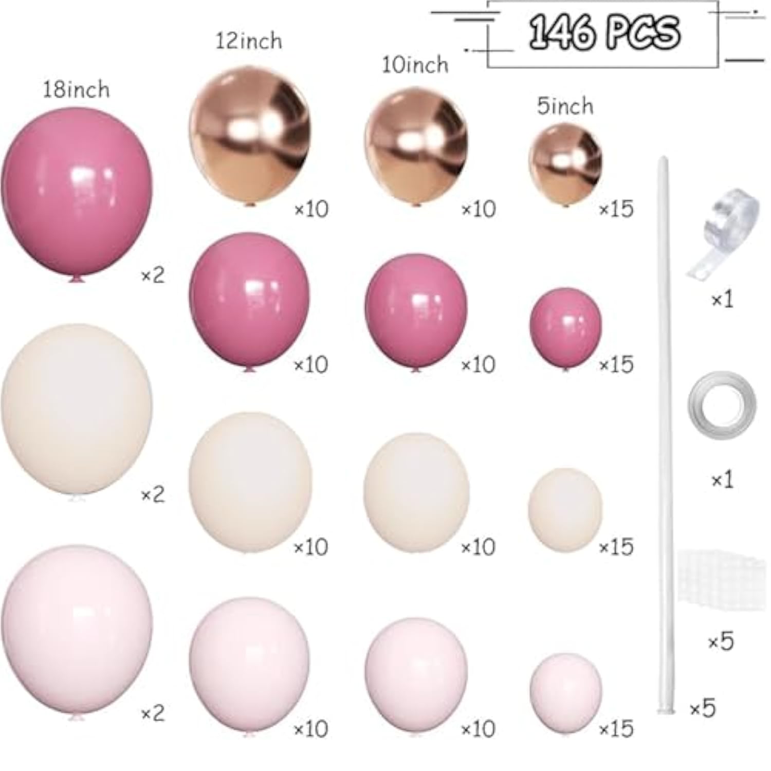 Retro Rose Baby Pink Champagne White Sand Balloons Garland Arch Kit, 146Pcs Latex Balloons Different Sizes 18 12 10 5 Inch For Party Decorations, Wedding Backdrop, Birthday, Graduation