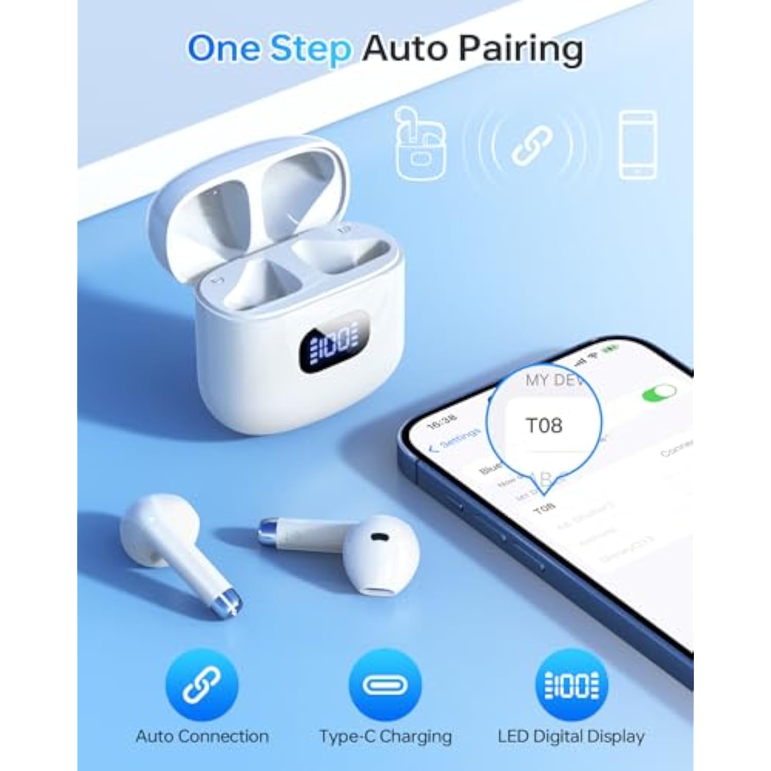 Wireless Earbuds Bluetooth 5.3, 40H Playtime, LED Case, IPX7, Mic, White