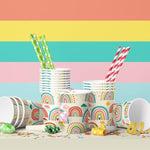 Retro Rainbow Themed Happy Birthday Party Supplies Set - Vibrant Disposable Paper Plates, Cups And Napkins - Fun & Colorful Design For Boys/Girls - For 16 Guests