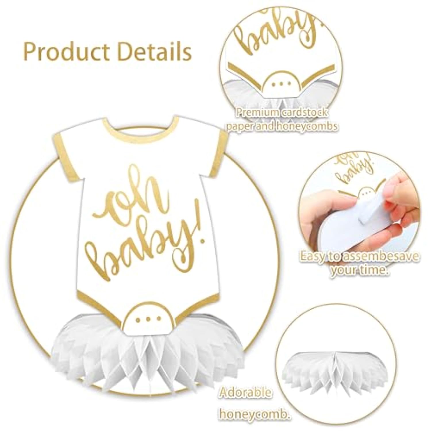 6PCS Neutral Gold "Oh Baby" Honeycomb Table Centerpieces for Gender-Neutral Baby Shower