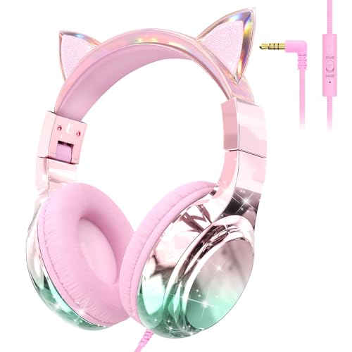 Kids Cat Ear Headphones Wired with Mic, 85/94dB Safe Volume Limit, Sparkly Wired Headset, Foldable, Sharing Port & Tangle-Free Cord for School,