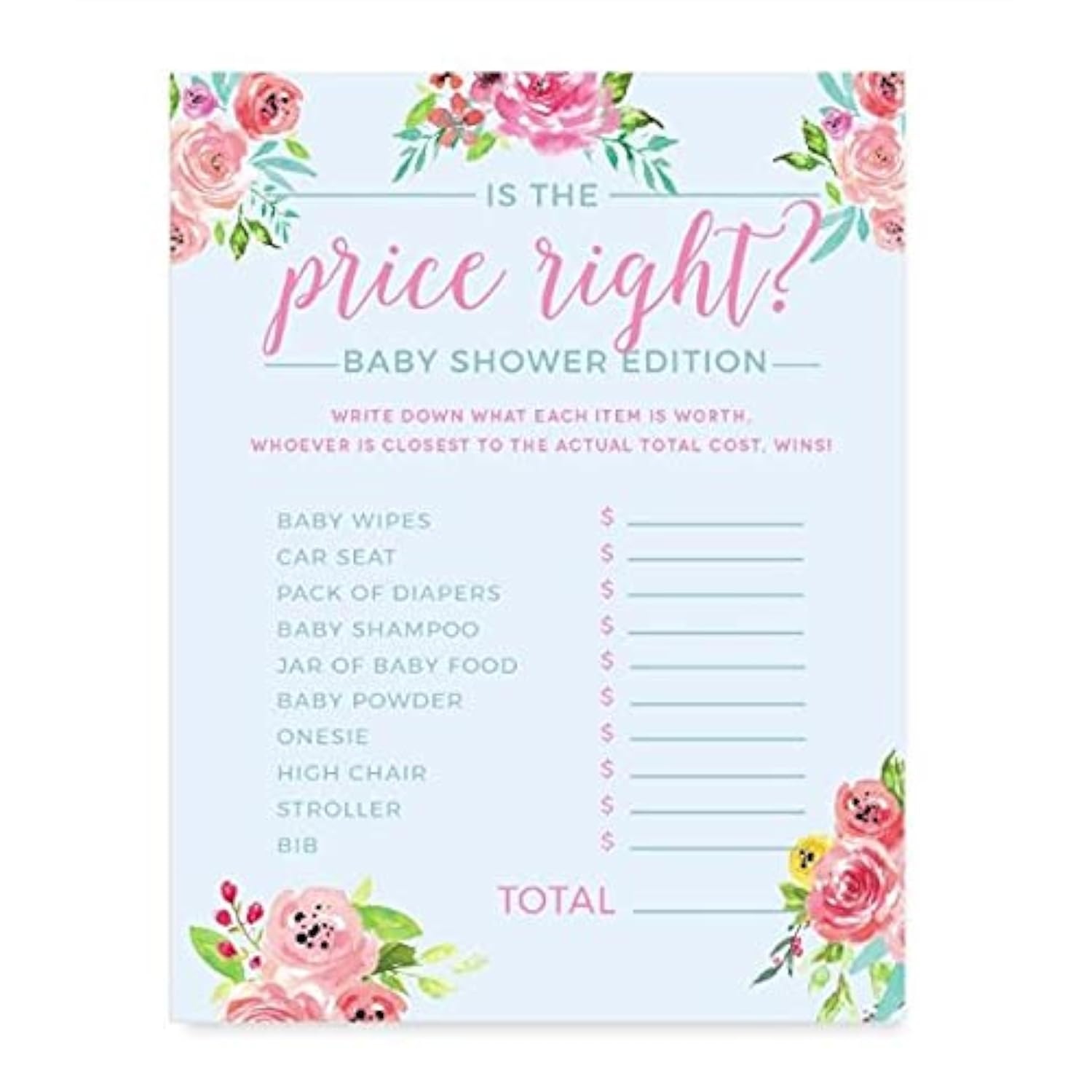 Pink Roses English Tea Party Tea Party Baby Shower Collection, Is The Price Right Game Cards, 20-Pack, Games Activities And Decorations