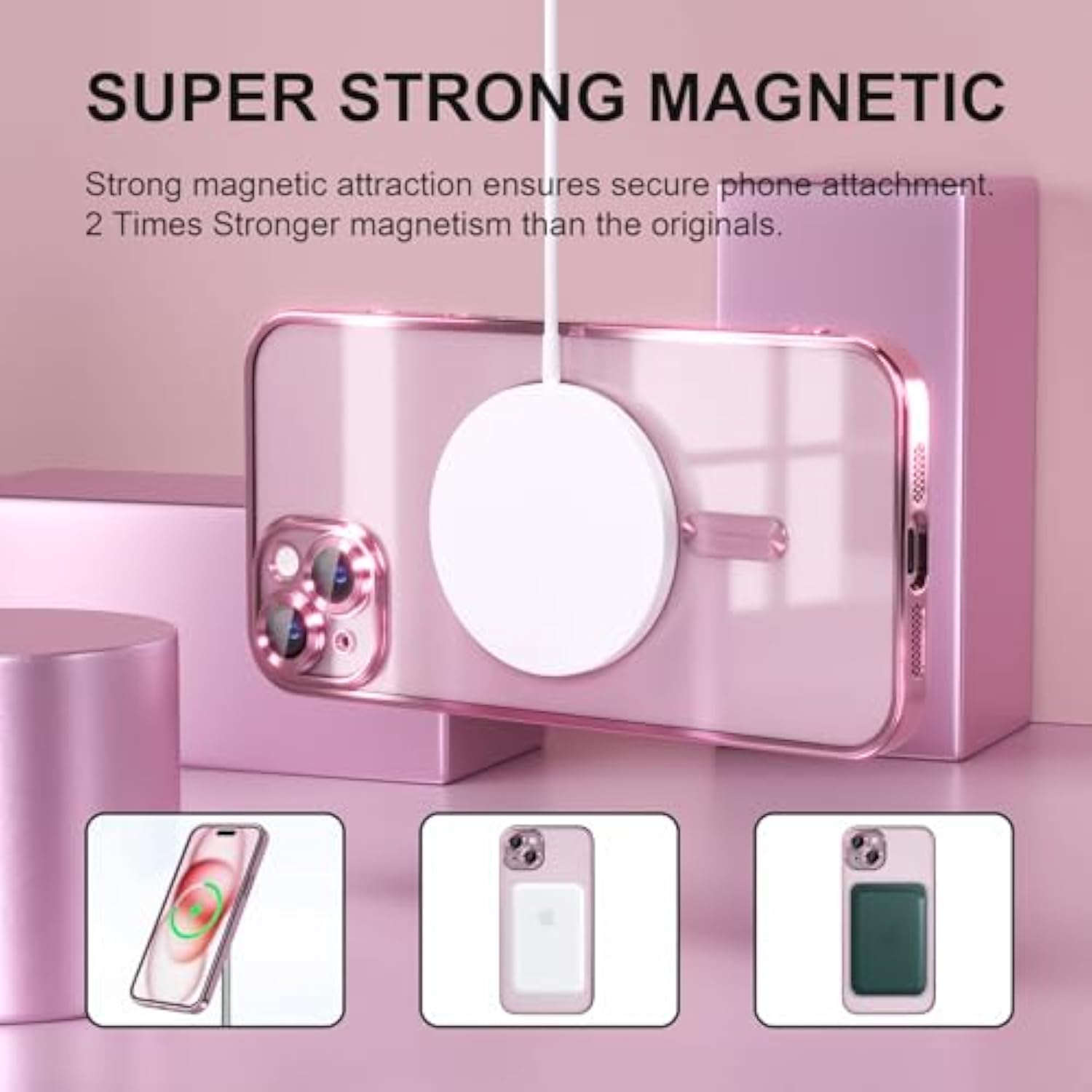 Magnetic For Iphone 15 Case Compatible With Magsafe [Never Yellowing] [ Grade Drop Protection] Full Camera Lens Protector Plating Soft Clear Phone Case For Women Girls, Pink