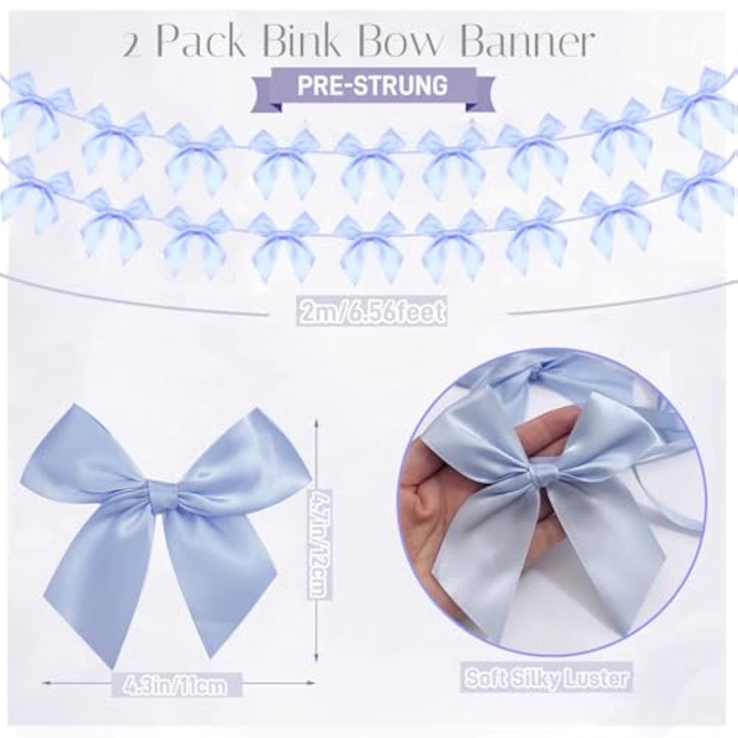 2Pcs Bow Garland Banner, Ribbon Bow Party Decorations For Baby Shower Girls Bow Coquette Birthday Party Decor (Blue)