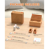 Bamboo Charging Station For Multiple Devices, With Power Charger, Wire Cables 5 Pack, Compatible With Multi Phones & Tablet, For Earbuds & Smart Watch