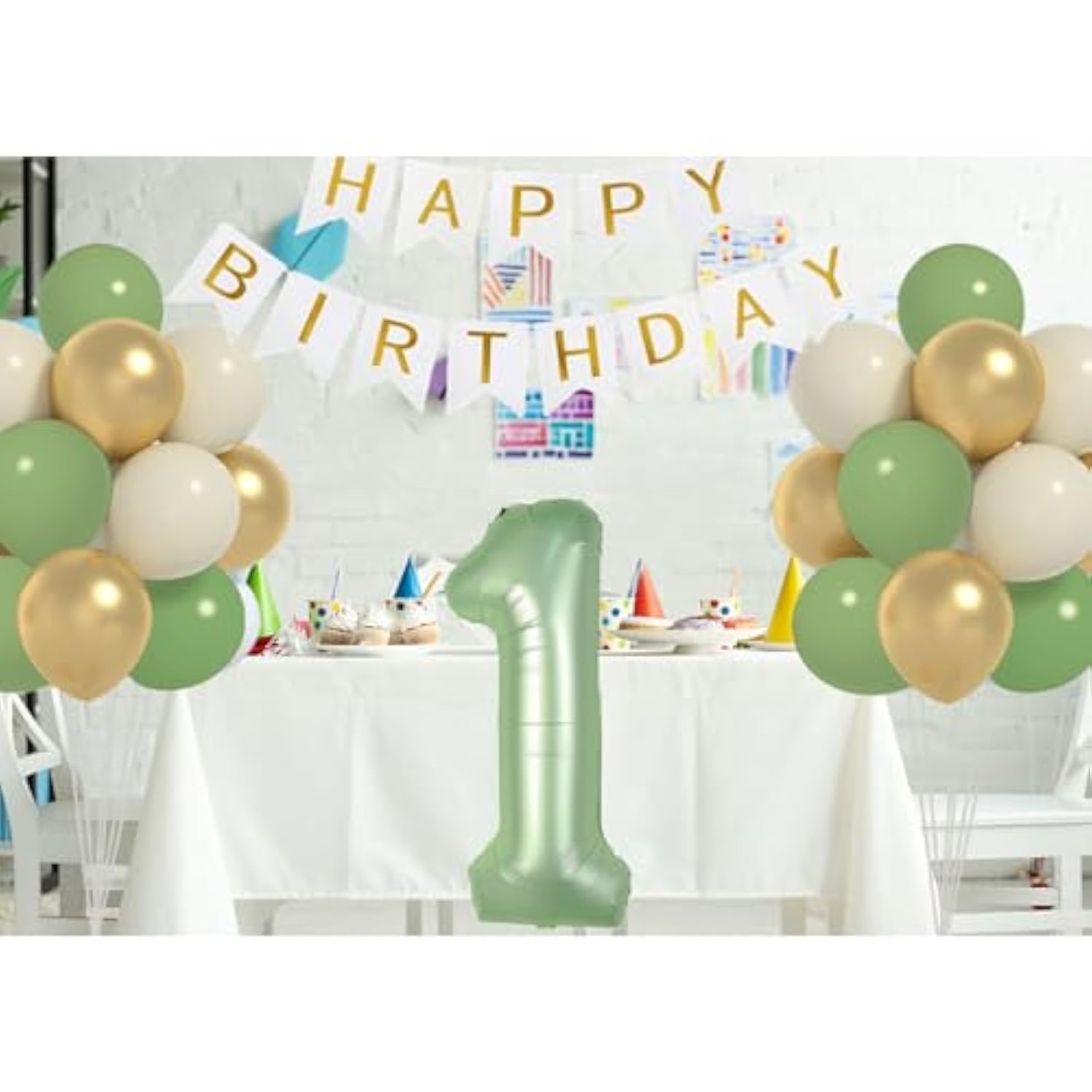 Sage Green First Birthday Decor Boys 40" Olive Number 1 Balloon Banner Balloon Set