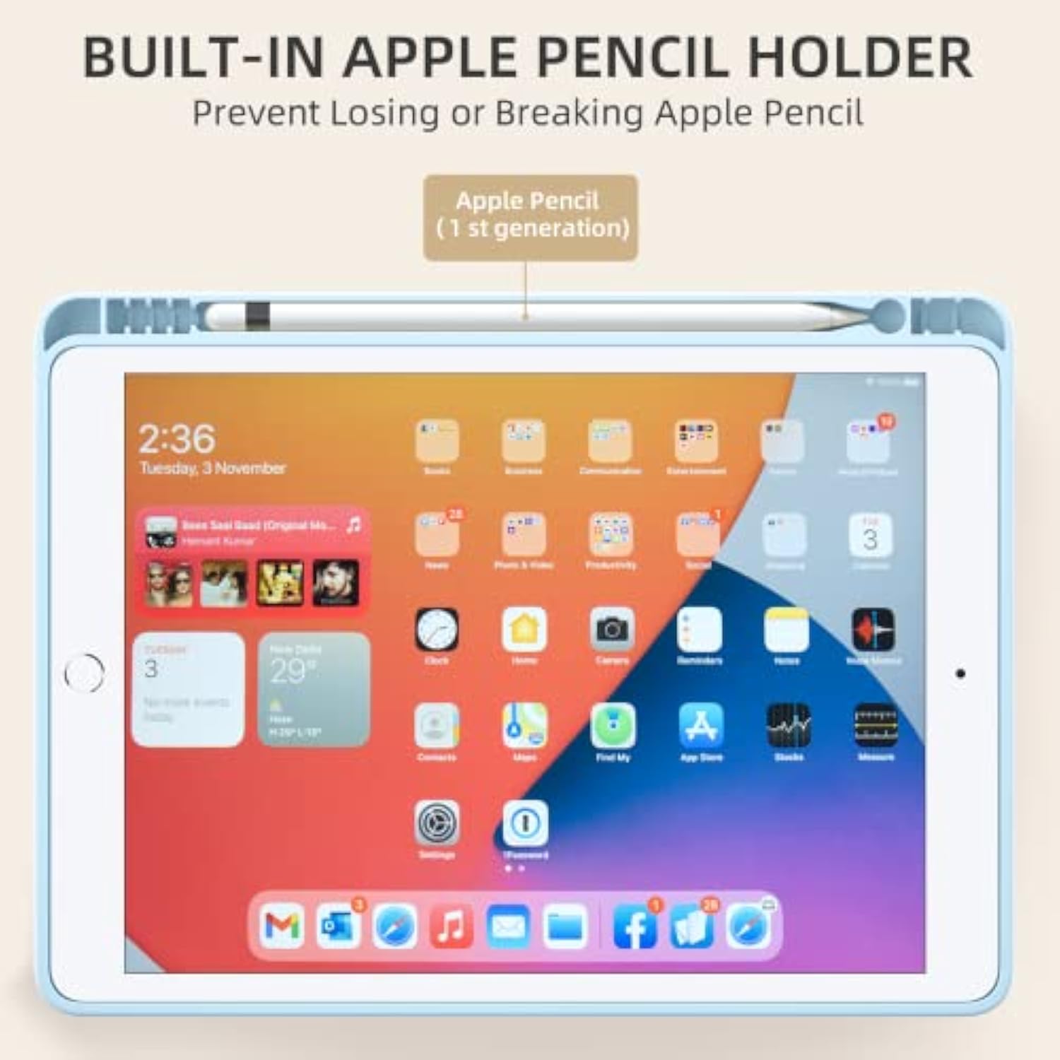 Case Compatible With 10.2 Inch 2021/2020/2019, For 9Th/8Th/7Th Generation Case With Pencil Holder, Protective With Soft Tpu Back, Auto Sleep/Wake Cover, Sky Blue