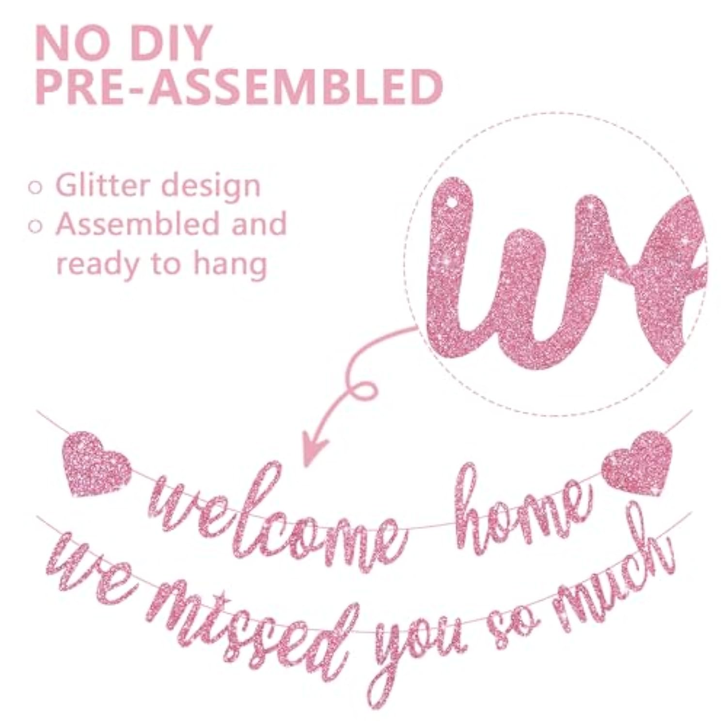 Welcome Home We Missed You So Much Banner Pre-Strung Glitter Welcome Home Decorations Office Homecoming Paper Garland Sign Party Supplies,No-Diy,Pink