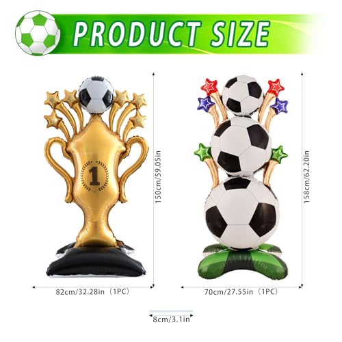2 Piece 62 Inch Self Standing Soccer Balloons Champion Trophy Balloons, Giant Soccer Trophy Mylar Balloon, for Soccer Event Birthday, Game Day, Sports Competition Theme Decorations