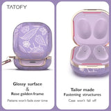 Tatify Case For Galaxy Buds - Pro, Live & 2 Series, Golden Leaf Hard Case With Carabiner, Supports Wireless Charging (Purple & Golden)