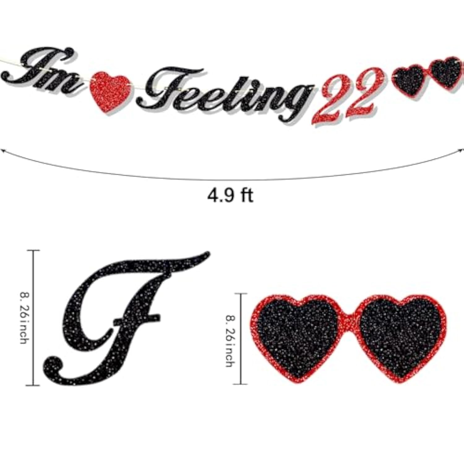 Glitter I’m Feeling 22 Banner, 22nd Birthday Black Red Music Theme Party Decor