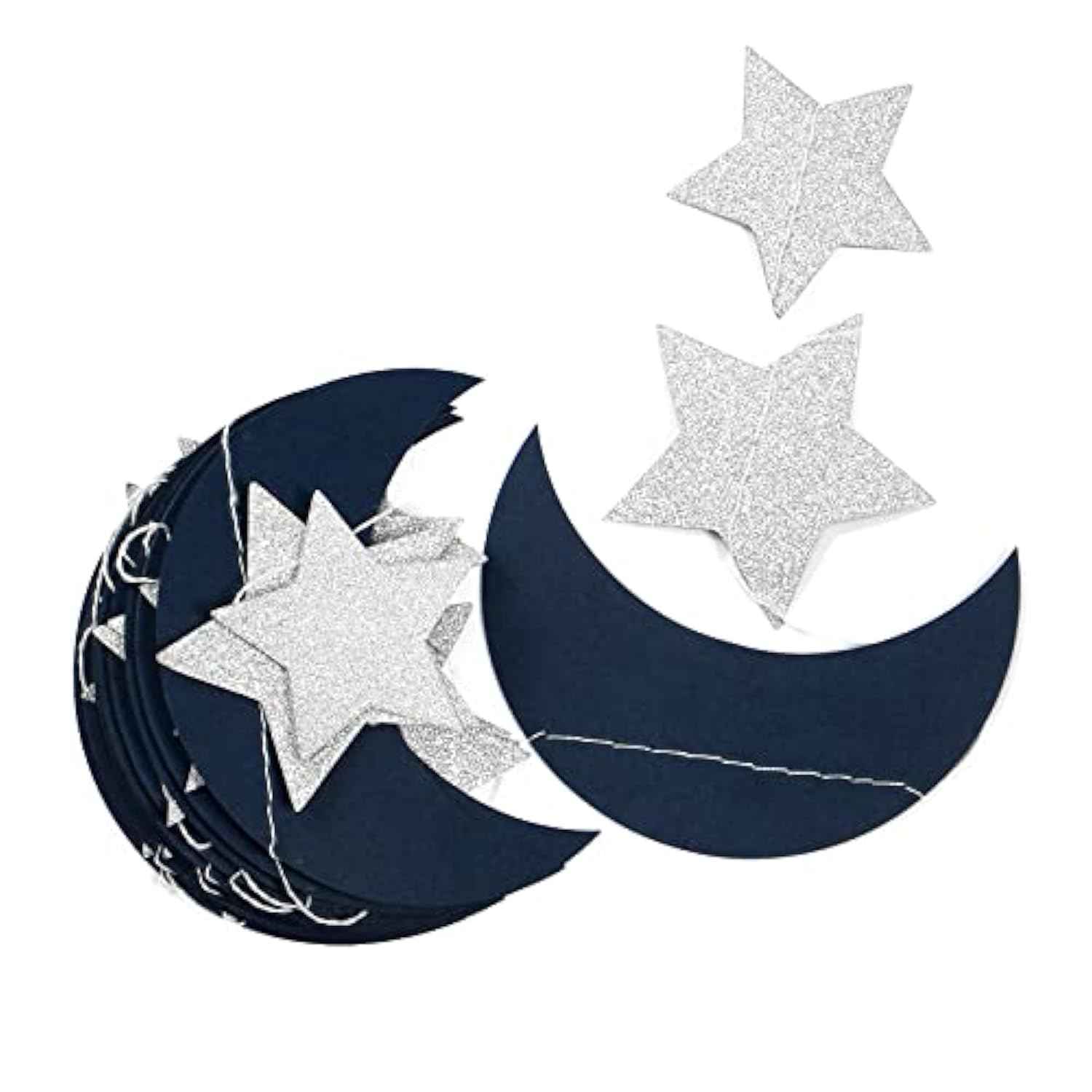 Navy-Blue Silver Moon-Star Party-Decorations Garland - 52Ft Twinkle Little Star Hanging Decoration Streamers Banner, Eid Ramadan Mubarak Decoration Birthday Wedding Baby Shower Party Decor