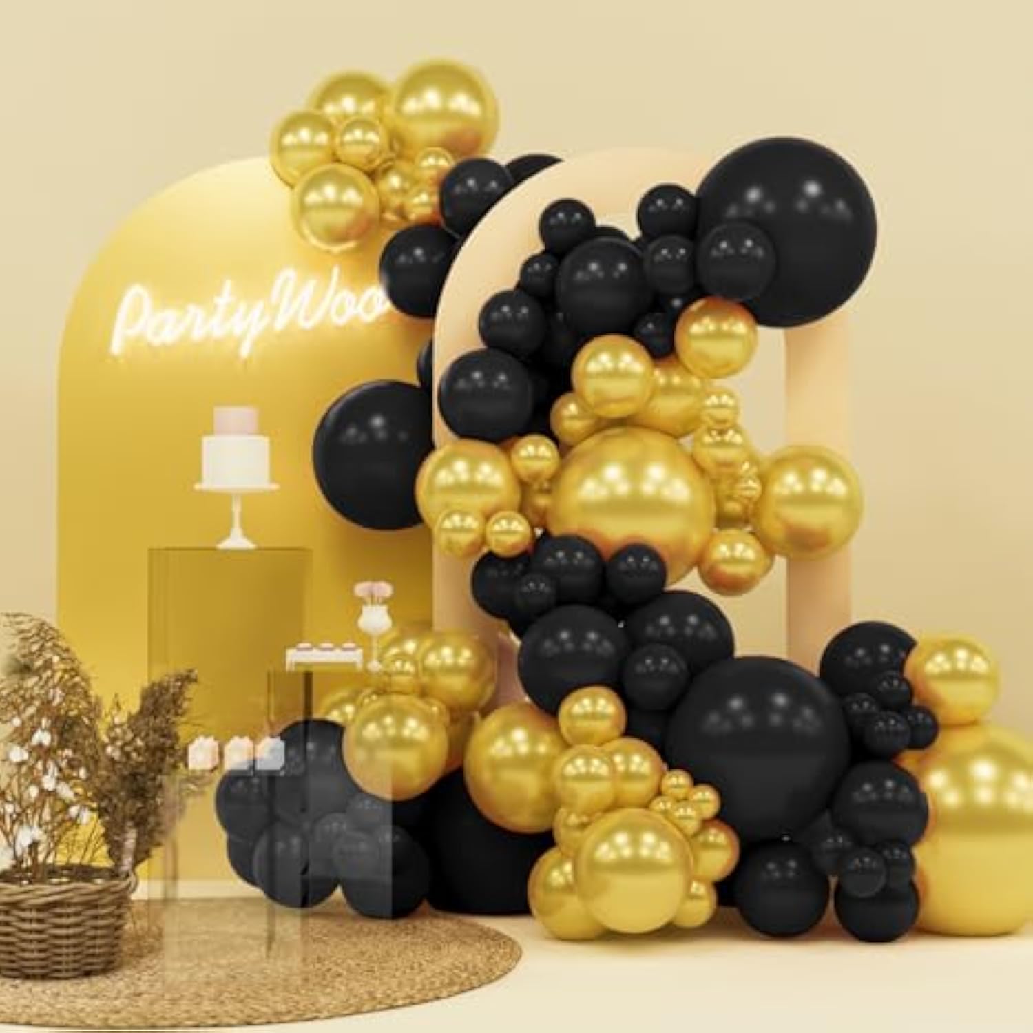 140-Pc Black & Gold Balloon Arch Kit Mixed 18/12/10/5" Sizes