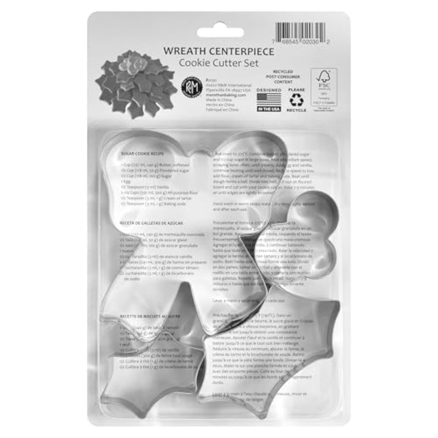 International 2030 Christmas Holiday Wreath Centerpiece Cookie Cutters, Holly Leaves, Berries, Holiday Bow, 4-Piece Set