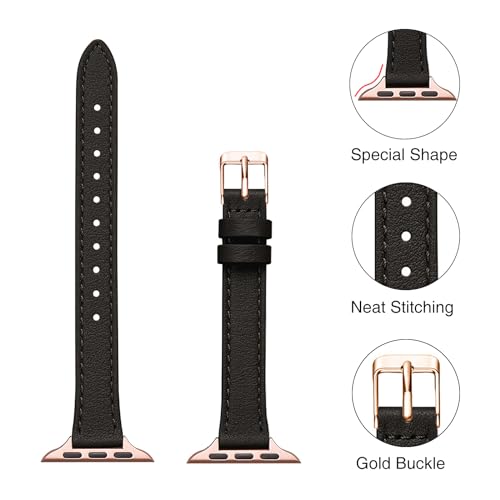Slim Leather Bands Compatible with Apple Watch Band 38mm 40mm 41mm 42mm(Series 11 10), Top Grain Leather Watch Thin Wristband for iWatch SE 9 8 7 6 5