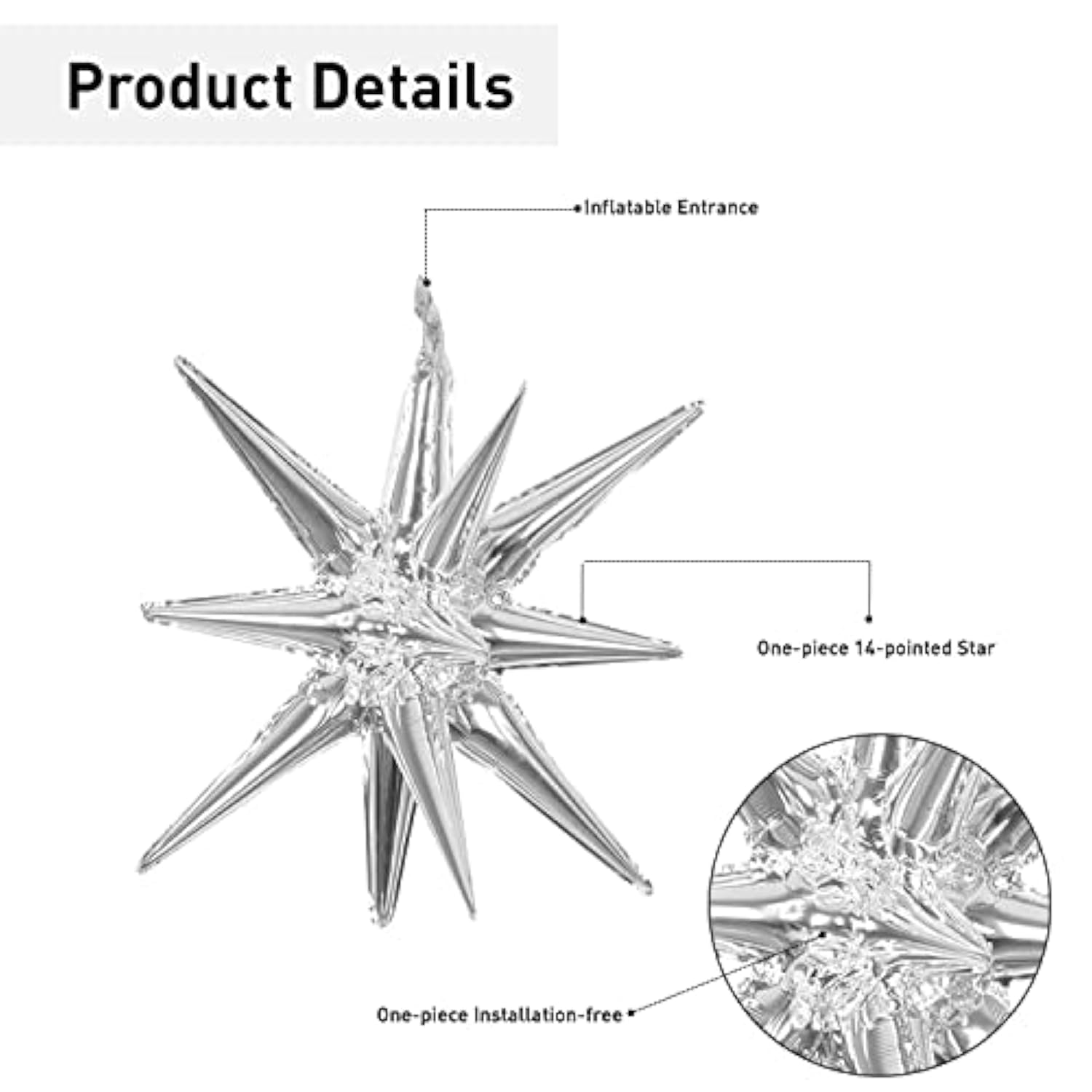 6 Pcs Silver Star Foil Balloons, 14-Pointed 4D Starburst Mylar Balloons for Parties