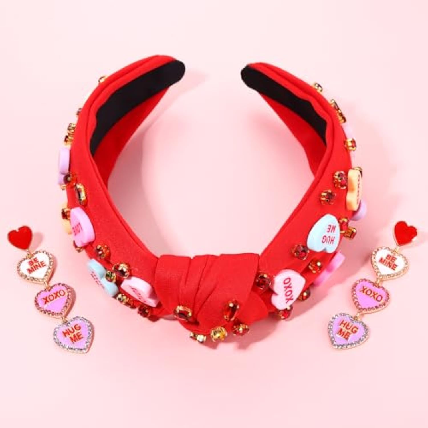 Valentine’S Day Headband For Women Love Xoxo Heart Headbands Jeweled Conversation Heart Knotted Headband Pink Red Rhinestone Crystal Top Knot Headbands Valentine’S Day Accessories Gifts (Red Set)