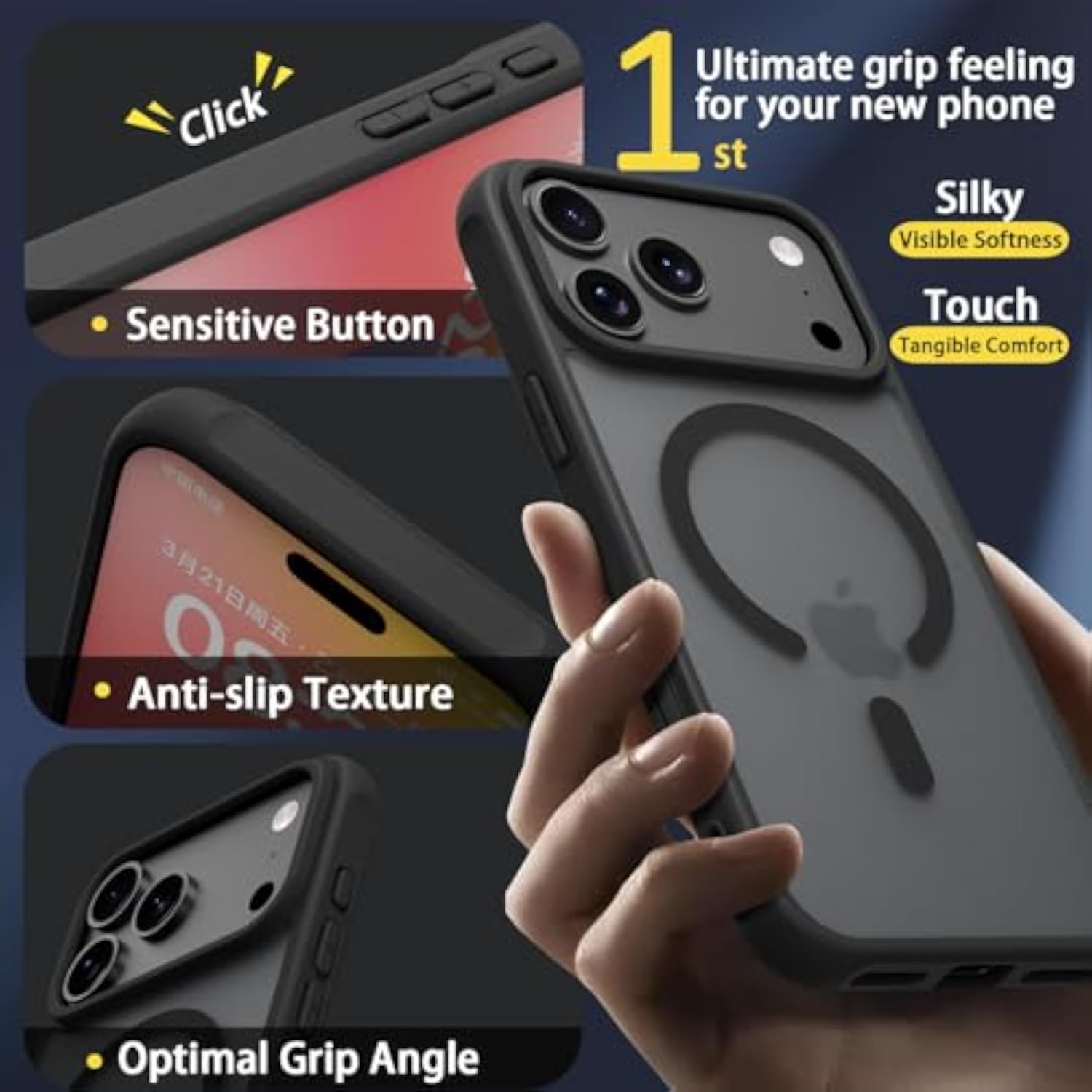 Magnetic Phone Case for iPhone 17 Pro Max with Screen Protector - Mil-Grade Drop Protection, Magsafe Compatible, Shockproof, Slim, Translucent Matte Finish, Black