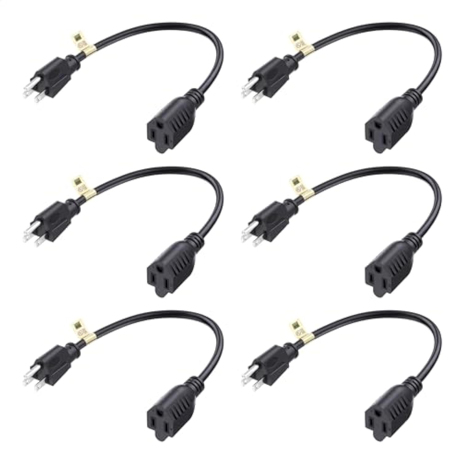 [UL Listed] Cable Matters 6-Pack 16 AWG Heavy Duty 13A Short Power Extension Cord 1 ft in Black, (Power Cord Extension / 3 Prong Extension Cords, NEMA 5-15P to NEMA 5-15R)