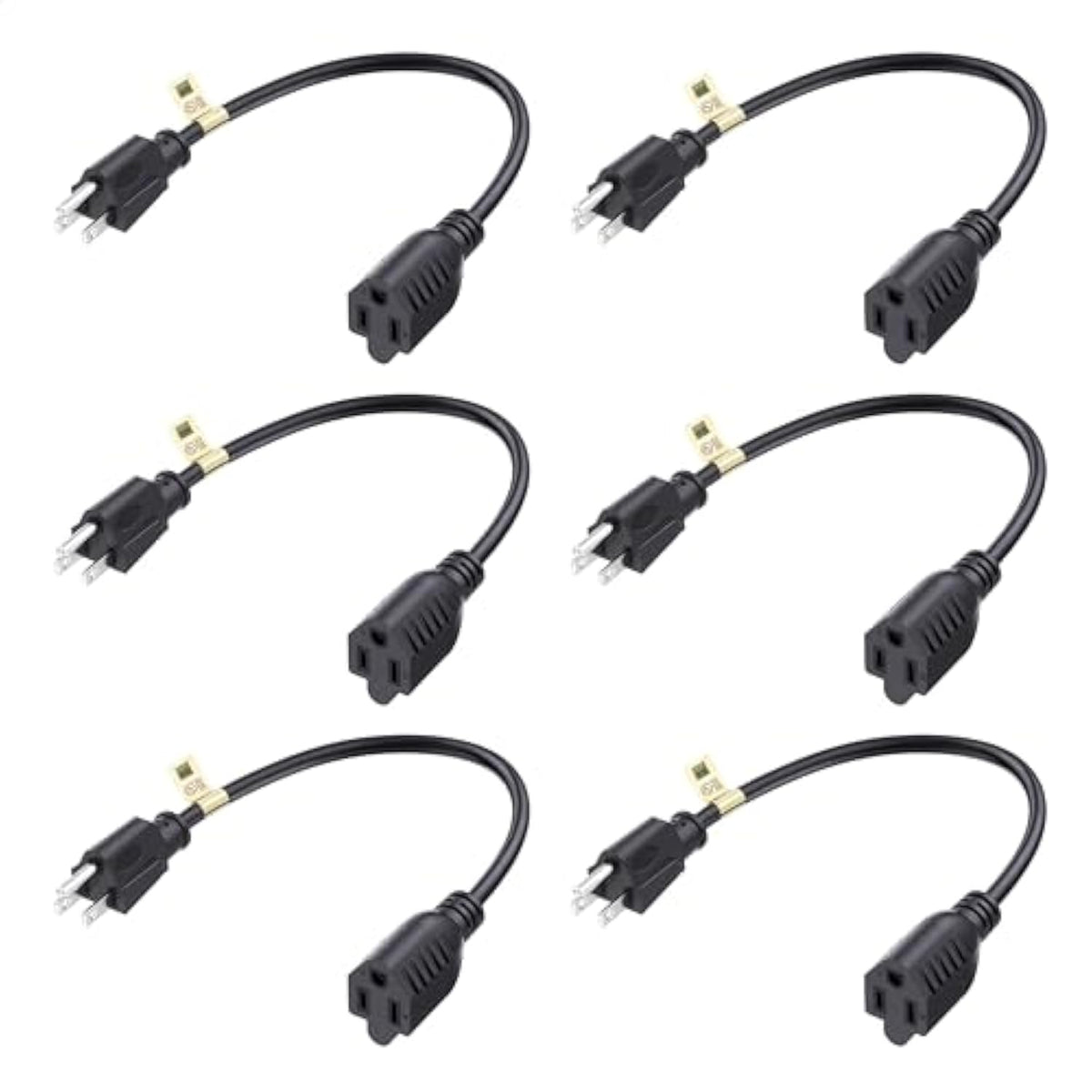 [UL Listed] Cable Matters 6-Pack 16 AWG Heavy Duty 13A Short Power Extension Cord 1 ft in Black, (Power Cord Extension / 3 Prong Extension Cords, NEMA 5-15P to NEMA 5-15R)