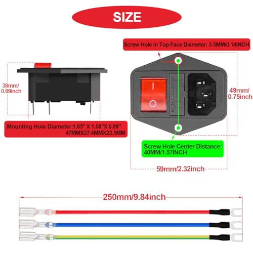 3Pcs Ac 10A 250V Rocker Switch Power Socket Inlet Module Plug, 3 Pin Iec320 C14 Male Power Switch With 6Pcs Mounting Screws,9Pcs 18 Awg Extension Cord,3Pcs Fuse