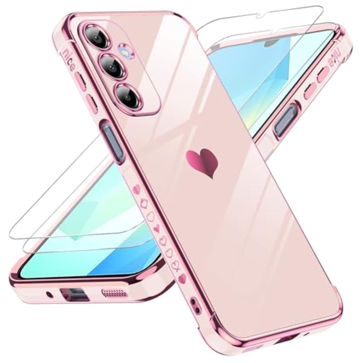 For Galaxy A16-5G Phone Case: Tempered Glass Screen Protector [2 Pcs]+ Full Camera Lens Protection,Love Heart Plating Luxury Shockproof Phone Case Para Samsung A 16 5G Cute,Pink