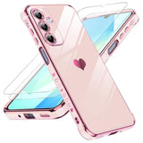 For Galaxy A16-5G Phone Case: Tempered Glass Screen Protector [2 Pcs]+ Full Camera Lens Protection,Love Heart Plating Luxury Shockproof Phone Case Para Samsung A 16 5G Cute,Pink