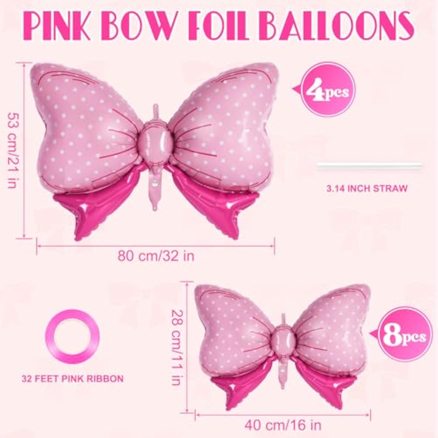 12 Pcs Pink Bow Balloons For Girls, Giant Foil Balloons, Gender Reveal Decorations For Birthday Party, Wedding, Baby Shower, Mouse Party Decoration