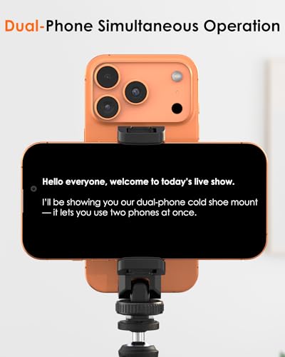 Tripod Phone Mount, Dual Phone Holder with 4 Cold Shoe and 1/4" Screw, 360° Rotates and 180° Tilts Adjustable Cold Shoe Mount for Phone, Camera,