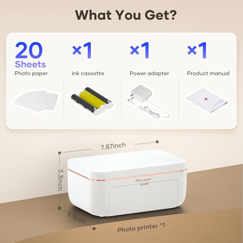 4X6'' Photo Printer With 20 Sheets Photo Paper & 1 Cartridge, Portable Instant Photo Printer For Iphone Android, Thermal Dye Sublimation, Wi-Fi Picture Printer