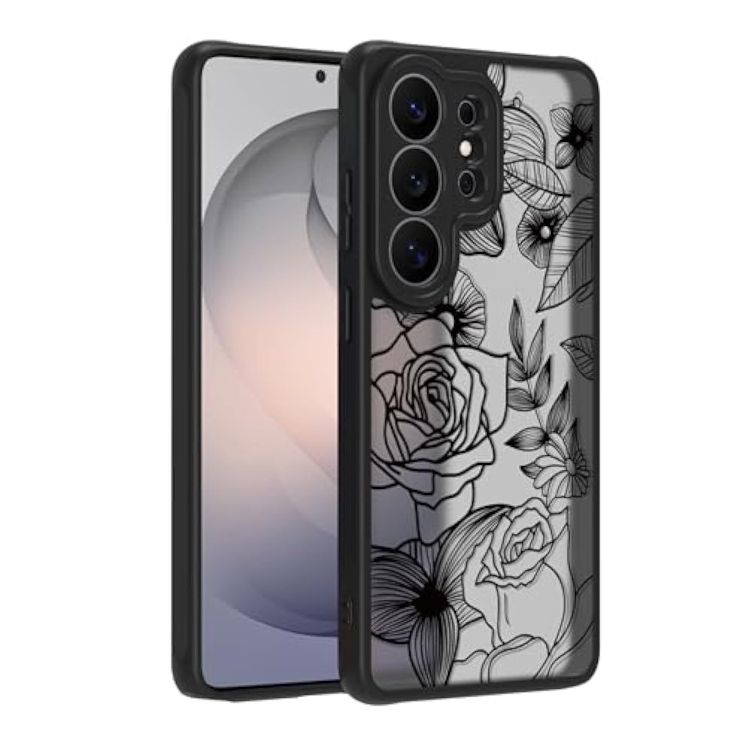 Cute Phone Case for Samsung Galaxy S26 Ultra, Aesthetic Black Line Art Floral Rose Pattern, PC and TPU Full Protection Shockproof Cases Cover for Girls Women
