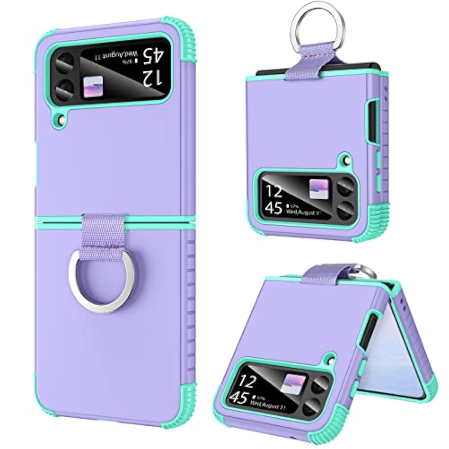 For Samsung Galaxy Z Flip 4 Case, Z Flip 4 5G Case, Heavy Duty 2 In 1 Full Body Rugged Shockproof Protection Cover With Ring Girls Women Boy Men Covers, Purple/Mint