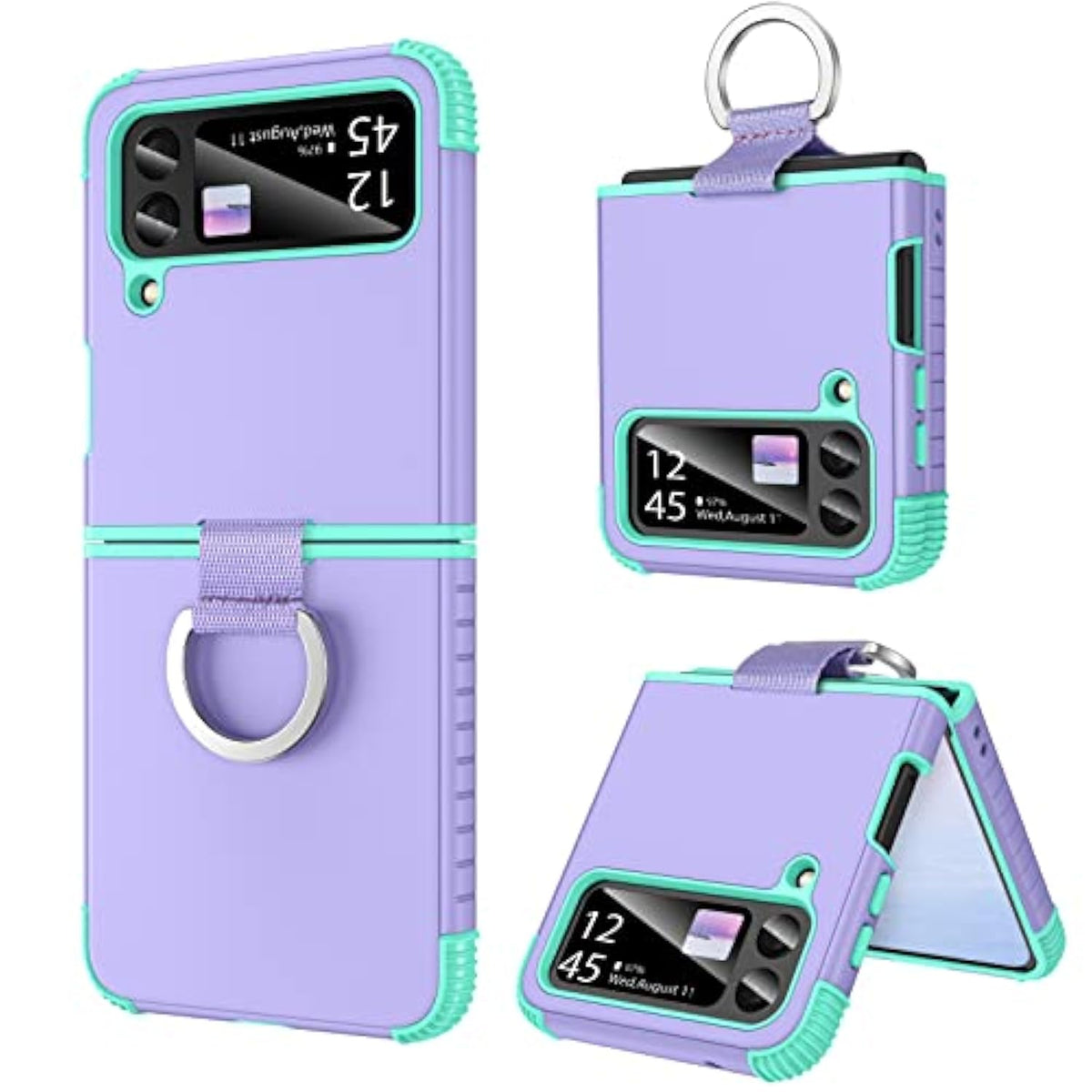 For Samsung Galaxy Z Flip 4 Case, Z Flip 4 5G Case, Heavy Duty 2 In 1 Full Body Rugged Shockproof Protection Cover With Ring Girls Women Boy Men Covers, Purple/Mint