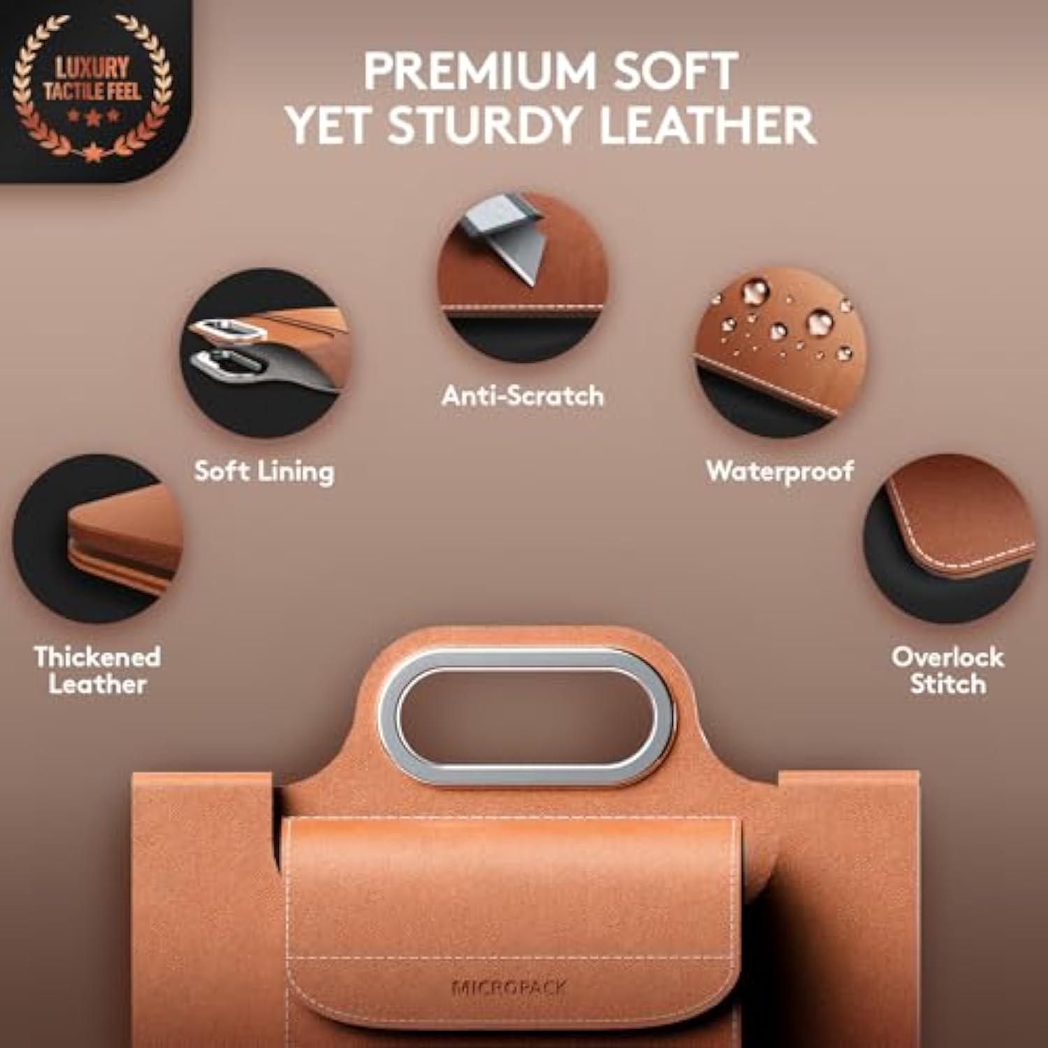Micropack Laptop Sleeve With Wireless Charging, Built-In Detachable Accessory Organizer And Metal Handle, Mouse Pad And Stand, Leather Laptop Bag For 15 Inch Macbook/Hp/Dell, Watch, Headphones - Brown