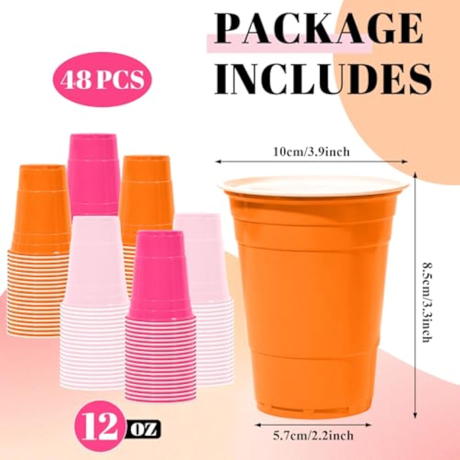 48Pcs Pink And Orange Plastic Cups Party Supplies Light Hot Pink Orange Plastic Cup 12Oz Disposable Cups For Wedding Birthday Bridal Baby Shower Summer Bachelorette Party Decor Favor