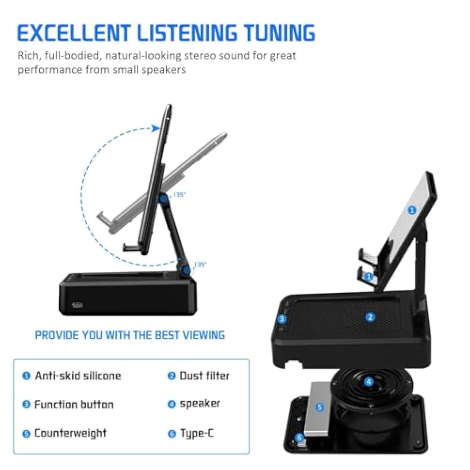 Cell Phone Stand With Wireless Bluetooth Speaker Compatible For Iphone/Samsung/Ipad Tablet, Anti-Slip Design Phone Stand With Hd Surround Sound For Home,Office,Outdoor Etc.