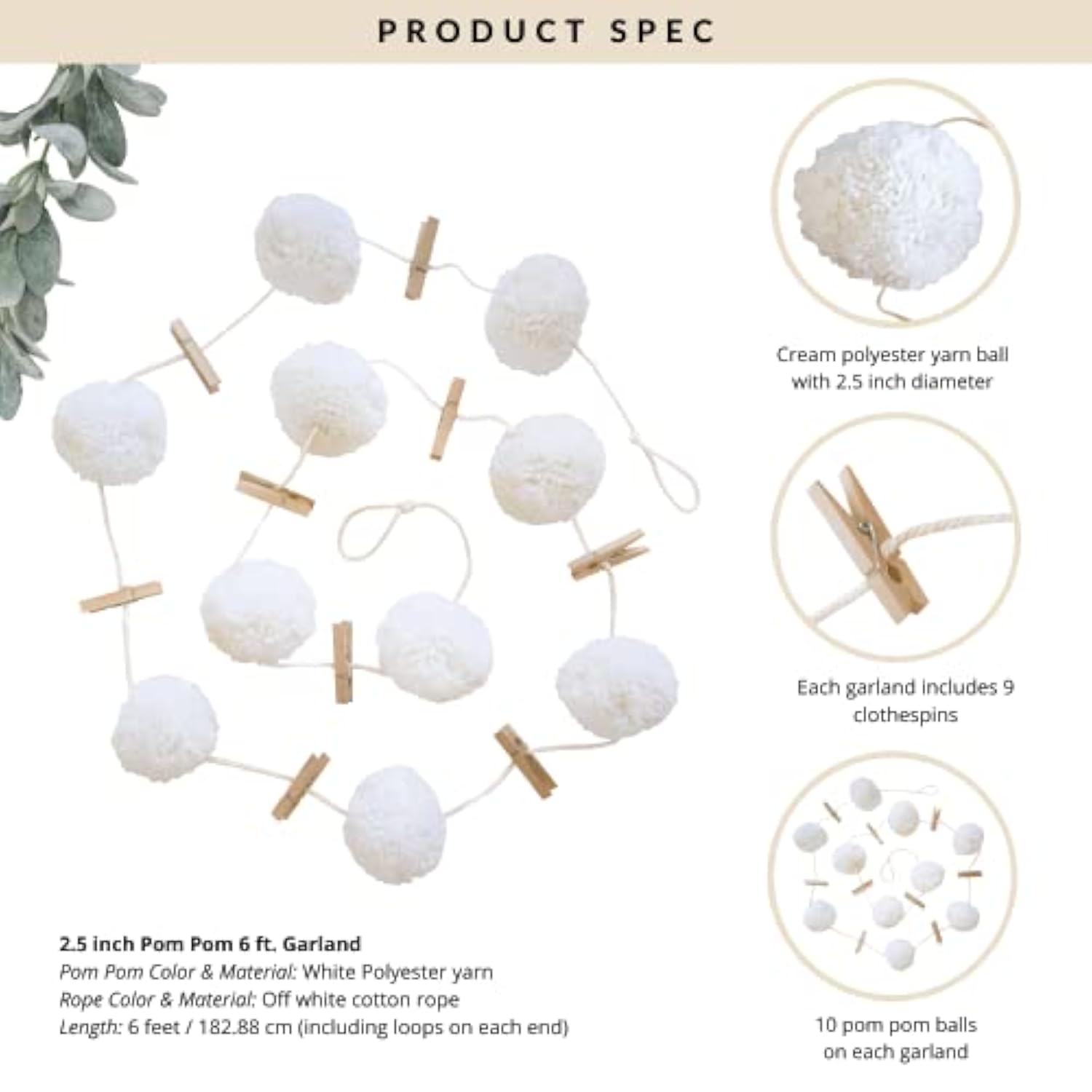 Pom Pom Garland Hanging Wool Felt Ball | Decoration For Christmas Tree, Birthday Banner, Cute Winter Wonderland Snow Ball Ornaments - White (2.5 Inch)