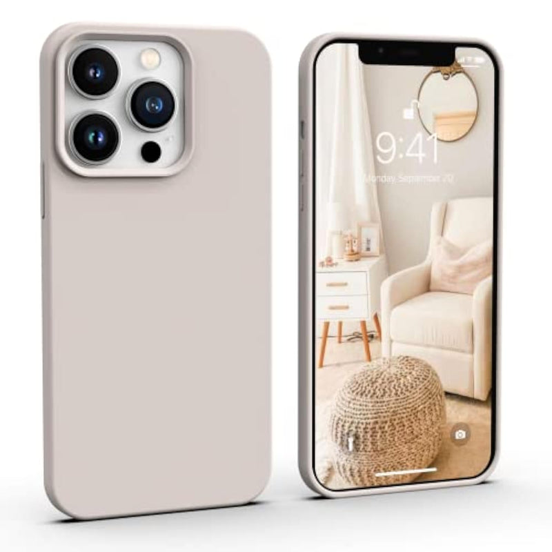 13 Pro Max Case Stone, Cute Liquid Silicone Slim Protective Phone Case, Soft Anti-Scratch Microfiber Lining, Matte Light Beige, Tan, Cream, Warm Sand Pearl Cute, 6.7Inch 13Pm- Stone