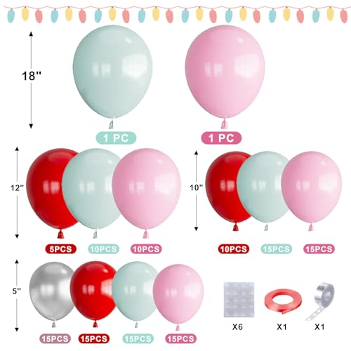 Pink Christmas Balloon Arch Kit 155pcs Red Pink Green Silver Christmas Balloons Arch with Candy Cane Lollipop Explosion Star Santa Claus Foil Balloons for Christma Birthday Party Decorations