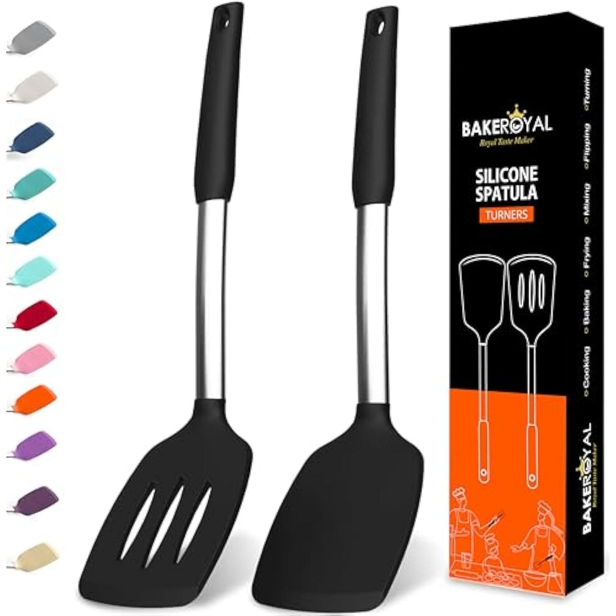 Silicone Spatula Set - Turner Spatulas Silicone Heat Resistant 600°F - Slotted & Solid Silicone Spatulas For Cooking Fish, Eggs, Pancakes Flipper – Silicone Cooking Utensils Set – Black