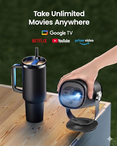 Freedo Portable Projector 1080P, Gtv With Licensed Netflix, 2.5Hrs Battery, 450 Iso Lumens, 180-Inch Display, Dolby Audio, Dlp Min Projector With Wifi And Bluetooth, Hrd10