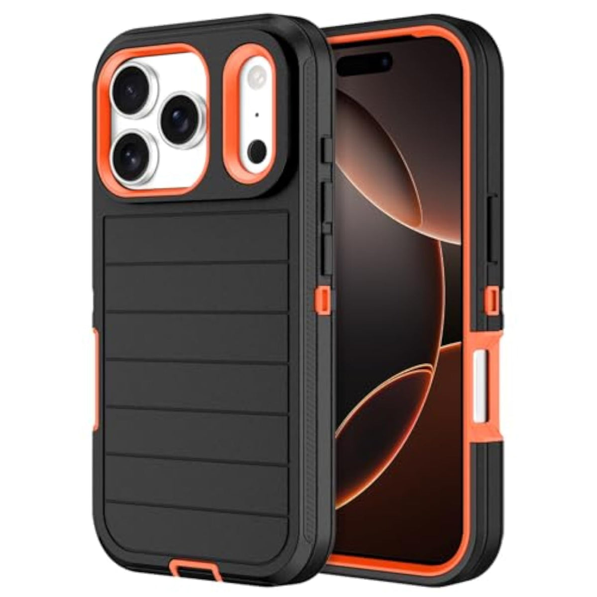 Heavy Duty Shockproof Dropproof 3-Layer Full Body Protection Military Grade Rugged Tough Non-Slip Cover Case for Apple iPhone 17 Pro 6.3",Black/Orange