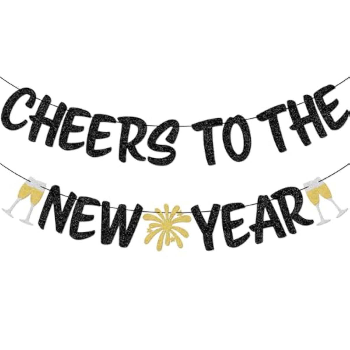 Cheers to 2026 New Year Banner Black Gold Glitter for Party Decorations