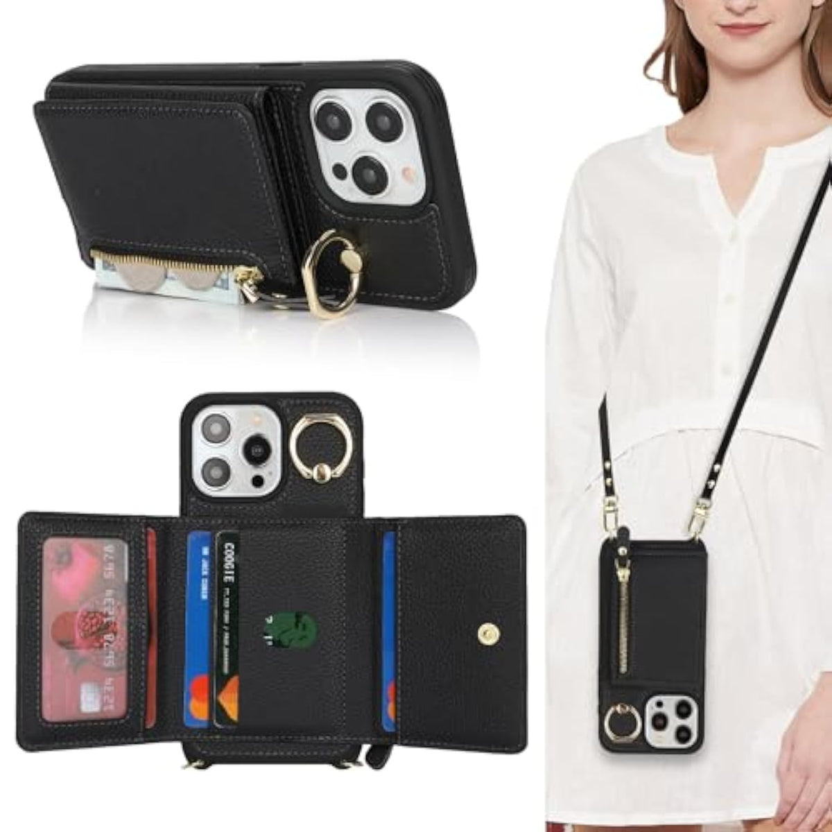 For 14 Pro Max Case With Card Holder,Phone Case For 14 Pro Max Case With Strap Crossbody Lanyard Stand,14 Pro Max Wallet Case For Women,Pu Leather Zipper Pocket Case-Black
