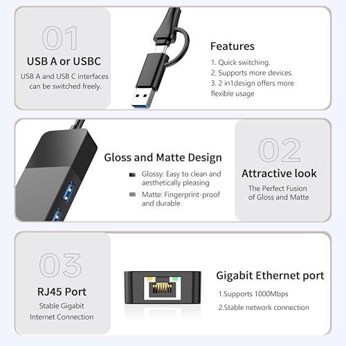 All-Lucky Usb To Ethernet Adapter, 4 In 1 Usb C To Ethernet Adapter Hub With 3 X Usb 3.0 Port/Gigabit Internet Port, High-Speed Network Hub Compatible For Imac,Macbook Proipad Proxps