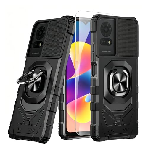For Tcl 50 Le / Tcl K24 / Tcl K23 Case With 1 Pack Screen Protector,Dual Layer Hybrid Heavy Duty Defender Protection,Sleek Rugged Reinforced Cushion Corner Kickstand Shockproof Bumper Cover Black