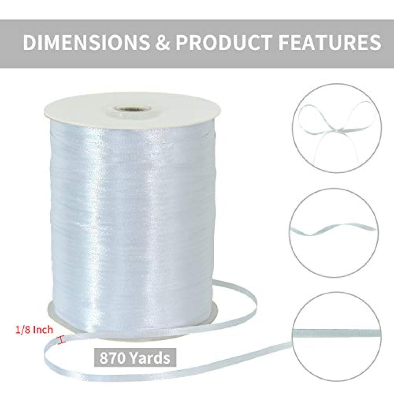 1/8 Inch X 870 Yards White Thin Solid Satin Ribbon Giant Spool Double
