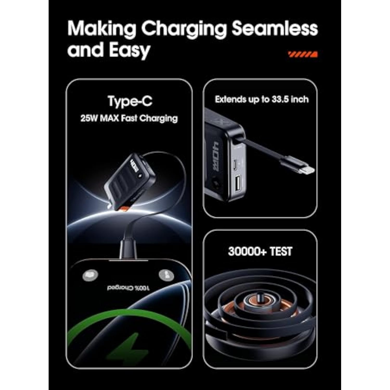 Retractable Usb C Charger Block,40W Pd Fast Charging Blocks With Retractable Type C Cable And Dual Port Travel Charger,Usb Chargers With Foldable Plug For Iphone 16/15,Galaxy,Pixel-Black