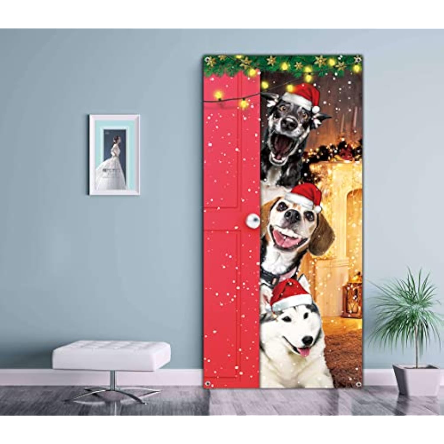 Funny Merry Christmas Door Cover - Large Cute Santa Dogs Banner For Front Door Decoration - Xmas Party Photography Background